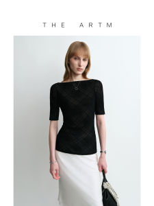 Velvet Plaid Mesh Halter Back U-neck Sleeve T-shirt
