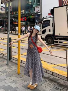 ชุดเดรสยาวลายสก็อตสไตล์ย้อนยุคสำหรับผู้หญิง ชุดเดรสยาวทรงเอเอวสูง ดีไซน์ไม่สมมาตร ฤดูหนาว ชุดเดรสยาว ชุดเดรสยาว