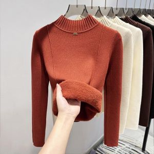 WANGGONGZHU | Womens Fleece Lined Thickened Half High Collar Knitted Base Shirt Autumn Winter Inner Wear Simple Overhead Sweater Princess Style