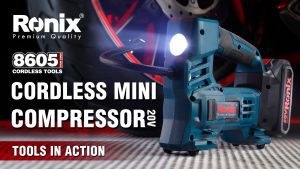Ronix 8605 20V Cordless Mini Air Compressor 10.35 Bar 150 PSI Portable Tire Inflator with LED Light Digital Gauge Lithium-Ion Battery 2Ah Lightweight 16 L/min Auto Shut Off Ideal for Car Bike Sedan Football Includes Charger & Adapters
