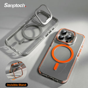 Sanptoch For Magsafe Invisible Lens Stand Phone Case For iPhone 16 / 15 / 14 / 13 / 12 Pro Max Shockproof Bumper Cover For iPhone 14 15 16 Plus Clear Military-drop Protection Casing With Camera Alloy Holder