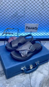 PAMATE Sandal Pria Kulit Asli Nilon Gaya Kulit Asli Hitam untuk Istirahat BISA COD