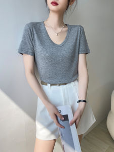 Gray V-Neck Short Sleeve Womens T-Shirt Summer Casual Show Clavicle Loose Inner Wear Base Top Versatile New 2025