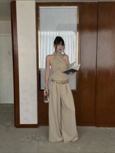 VENUIE | Simple Commuter Khaki Suit Sleeveless and Neck Hanging Top with Low Waist Wide Leg Trousers