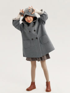Thickened Double-sided Cashmere Woolen Coat for Girls And Boys Cute Bear Pattern Winter Jacket Korean Style All-wool Coat