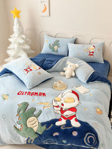 Thickened Autumn Winter Milk Velvet Bedding Set for Boys Children Superhero Ultraman Milk Velvet Bed Canopy Three Piece Set
