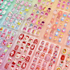 120Pcs/Box Cartoon Children Press On Nails Kawaii Bear Rabbit Cat Design Fake Nail for Kids Girl Gift Wearable False Fingertips