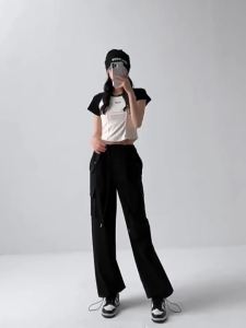 Quần Cargo Nữ Thời Trang Hàn Quốc Dáng Rộng Thoải Mái Có Túi Phong Cách Retro Thanh Lịch Chất Liệu Thun Dành Cho Mùa Xuân Hè Cạp Trung Có Dây Rút