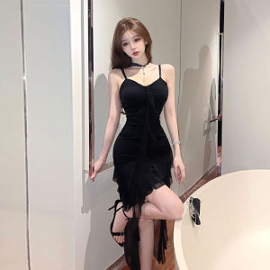 Hebe Style Elegant Strapless Dress Fashionable Asymmetrical Black Summer Dress Heel Baring Shoulder Waist Cinched Regular Thickness