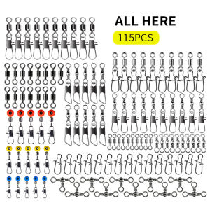 115pcs Fishing Swivel Connectors Kit with Box - Ball Bearing SwivelsDuo Lock Snaps for Saltwater Freshwater Lure Fishing Tackle