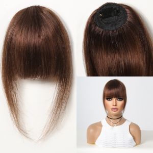 100% Human Hair Bangs Natural Brown Wispy Bang Hair Clip in Bangs Fringe with Temples Hairpiece for Women Clip on Air Bang 4.5in