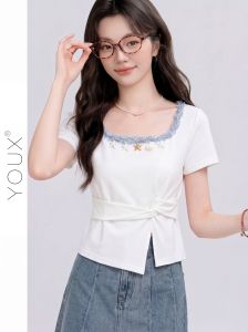YOUXIANG | Áo Thun Trắng Ôm Body Cổ Vuông Bất Quy tắc