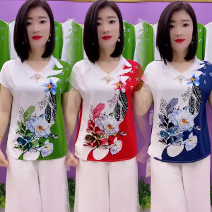 Fashion Milk Ice Yarn Flower Short Sleeve Shirt Womens Summer Beaded Doll Collar Loose Slim Looking Chiffon Moms Shirt
