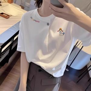 Áo Thun Cotton Cổ Tròn Tay Ngắn Một Nút Mùa Hè Cho Nữ Dáng Rộng Thoải Mái in Họa Tiết Hoạt Hình Phong Cách Hàn Quốc