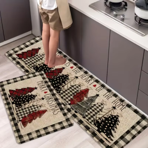 VIKAMA Christmas Tree Theme Rug Soft Non-Slip Home Decor Entrance Hall Doormat Kitchen Two-Piece Mat Set Bathroom Foot Mat