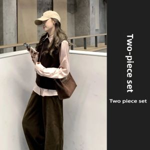 YUEZHONGWEI | Korean Style Early Autumn Wear Womens Set Knit Sweater Vest with Pink Shirt