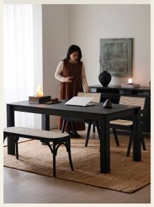 Minimalist Black Solid Wood Dining Table Large Board White Basswood Workbench Home Use Rectangle Dinner Table with Chairs