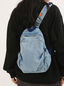 กระเป๋าเป้สะพายหลังผ้าเดนิมซักแล้วสไตล์วินเทจสำหรับผู้หญิง กระเป๋าหนังสือนักเรียนสไตล์เรียบง่าย กระเป๋าสะพายไหล่แบบลำลองขนาดเล็ก