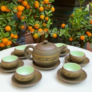 Bộ Ấm Chén Uống Trà Bộ Ấm Chén Bát Tràng  - Tử Sa Lạc Việt Xanh Bộ Ấm Trà Trống Đồng Xanh