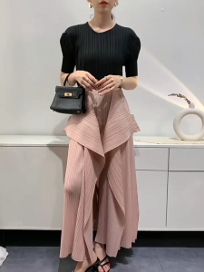 KESHANGYI Miyake pleated Pants for women loose irregular splicing casual wide leg pants