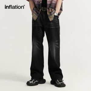 INFLATION brand mens youth casual 2024 spring new ground white washed wide leg jeans trendy street retro distressed straight leg pants