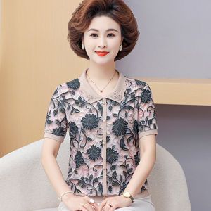 Middle age Mother Chiffon Shirt Floral Print Women Short Sleeve Lapel T-shirts Oversized Ice Silk Loose Lady Chiffon Blouse