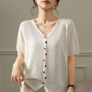 YUEXINYIRONG | French Minimalist V-neck Icy Silk Knitted Short-sleeve Blouse