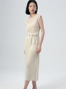 9776 One Size (45-75kg) Pleated Summer Round Neck Slim Fit Sleeveless Tie Versatile A-Line Dress For Women