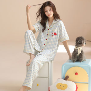 Miiow | Pure Cotton 100% Womens Sleepwear Short Sleeve Home Clothes Set Two Pieces Cat Person Official Summer Autumn Collection