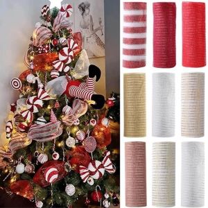 Merry Christmas Decoration Ribbon Christmas Tree Ornament Mesh Tulle Roll Fabric Pendant for Home Xmas Gifts New Year 2025 Decor