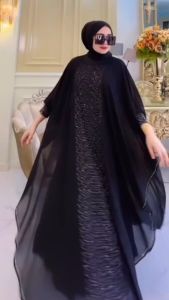 Gamis Abaya Kaftan Alya Hitam Polos Jersey Ceruti Bordir Mote Swarosky Turkey Model Terbaru