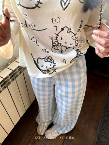 Blue And White Plaid Wide Leg Casual Pants Womens Loose Fit High Waist Trousers Spring Summer Versatile Commute Casual Pants