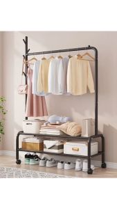 ราวแขวนผ้า ราวตากผ้าอเนกประสงค์ มีชั้นวางของด้านล่าง 2 ชั้น มีล้อเลื่อนและเสาแขวนกระเป๋า///ขอบราวโค้งมน KS