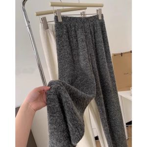 Ladies Fleece Lined Wide Leg Pants Autumn Winter Warm Casual Straight Cut Floor Length Trousers Korean Style High Waist Long Pants