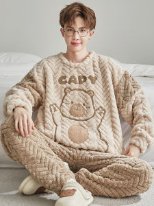 Mens Sleepwear Coral Fleece Thickened Winter Home Clothes Set Long Sleeve Long Pants Comfortable Warmth Bedroom Outfit Set