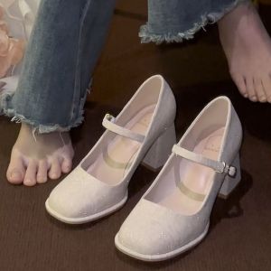 Giày Cao Gót Mary Janes Kiểu Pháp Cho Nữ Giày Cưới Đế Xuồng Mũi Tròn Váy Giày Đi Tiệc Cưới Giày Thắt Lưng Đế Cao Su