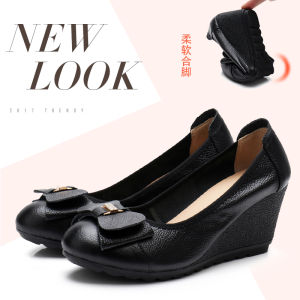Spring 2025 Womens Leather Slope Heel Sweet Butterfly Knot Mom Shoes Comfortable Soft Bottom High Heel Work Single Shoes