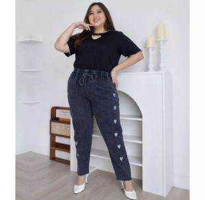 (jumbo bordir love) celana baggy jeans bordir love rawis big size / cod