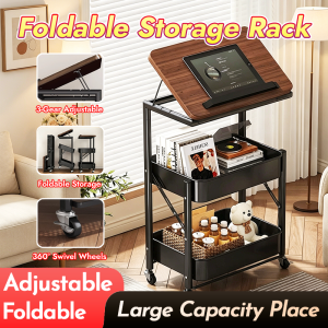 【SG Local Seller 】2026 New 0-45° Adjustable Tilting Side Table Foldable Mobile Storage Trolley With Double Layer Basket 360° Swivel Brake Wheels Bedside Sofa Side Organizer Table For Singapore HDB Home