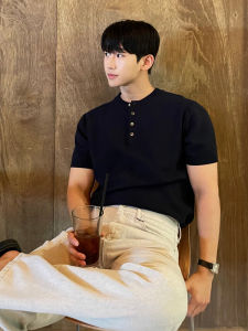 Summer Short-Sleeved T-shirt Mens Stretch Knitwear K-style Loose Henry Collar Casual Ins Trendy Solid Color Half-Sleeve Top