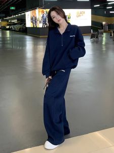 Korean Style Casual Sportswear Set Womens Autumn Winter Loose Half Zip Hoodie Wide Leg Pants Running Two Piece Set
