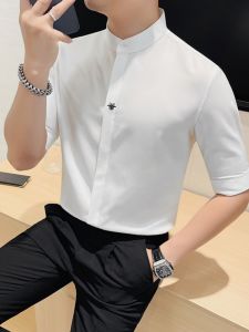 Embroidered Ice Silk Mens Shirt Slim Fit Short Sleeve Mid-Sleeve Fashionable Casual Top Youth Popular Style Summer New Chinese Style