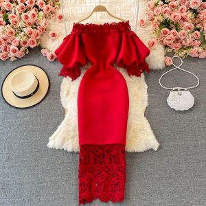 Retro French Style Red Lace Splice One Shoulder Long Dress Lantern Sleeve High Waist A-Line Skirt Bubble Sleeve Drawstring
