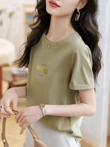 เสื้อยืดลายหัวใจสีเขียวมะกอกสดชื่นสไตล์ฝรั่งเศส ทรงเข้ารูป แขนยาว ทรงเข้ารูป สำหรับผู้หญิงวัย 25-35 ปี