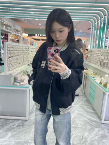 American Retro Ethnic Style Patchwork Baseball Jacket Womens Spring Autumn Loose Casual Versatile Jacket Trendy Top