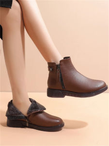 SHIPAILUO | Warm Fleece Lined Flat Bottom Soft Sole Cotton Shoes For Women Winter Casual Round Toe Short Boots Comfortable Mid-Aged Women Footwear