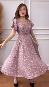 Mihar store / COD 3653 Dress wanita lengan pendek mekar leher v motif bunga bahan mango silk / Midi dress remaja dewasa flower korea style flare casual pesta mewah cantik