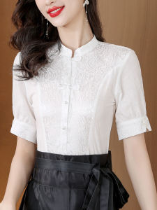 เสื้อเชิ้ตแขนสั้นผ้าฝ้ายสไตล์จีนใหม่สำหรับผู้หญิง เสื้อเชิ้ตลายดอกไม้ ทรงสลิมฟิต ทรงเข้ารูป แฟชั่นฤดูร้อน