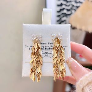 Elegant Long Zircon Earrings Womens Fashionable Gold Wheat Ear Decorations Unique Atmosphere Luxury Tassel Hoops