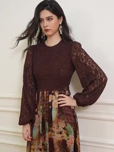 Vintage Amber Tea Lace Print Elegant Dress